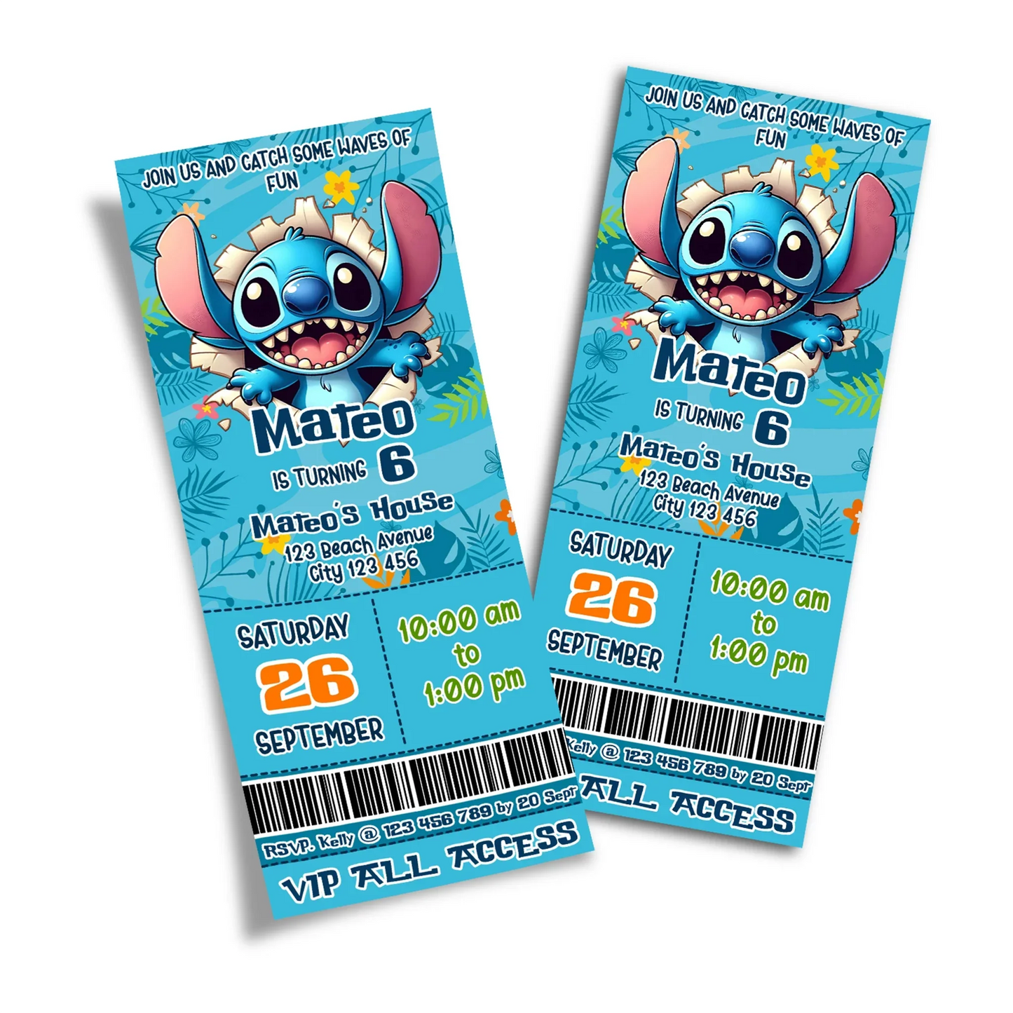 Stitch Personalized Birthday Ticket Invitations with name and party details