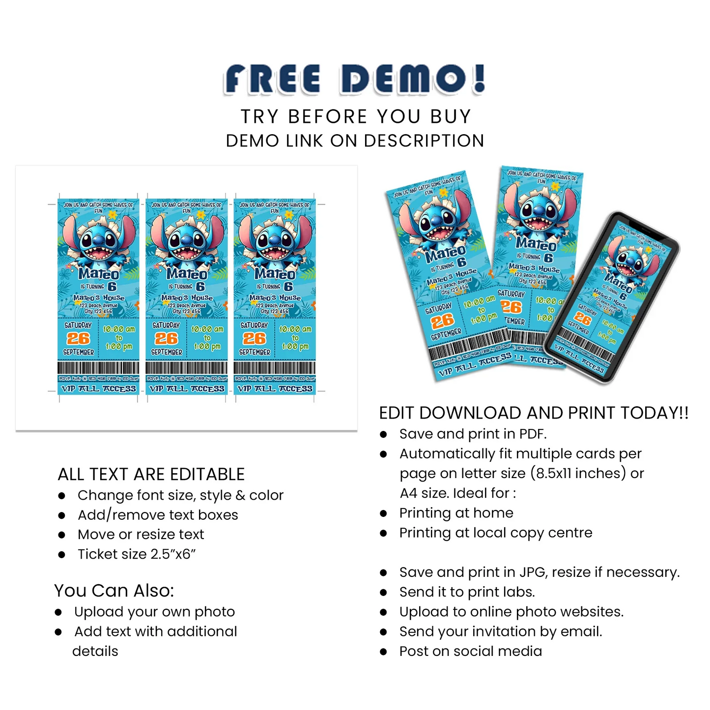 Stitch Personalized Birthday Ticket Invitations