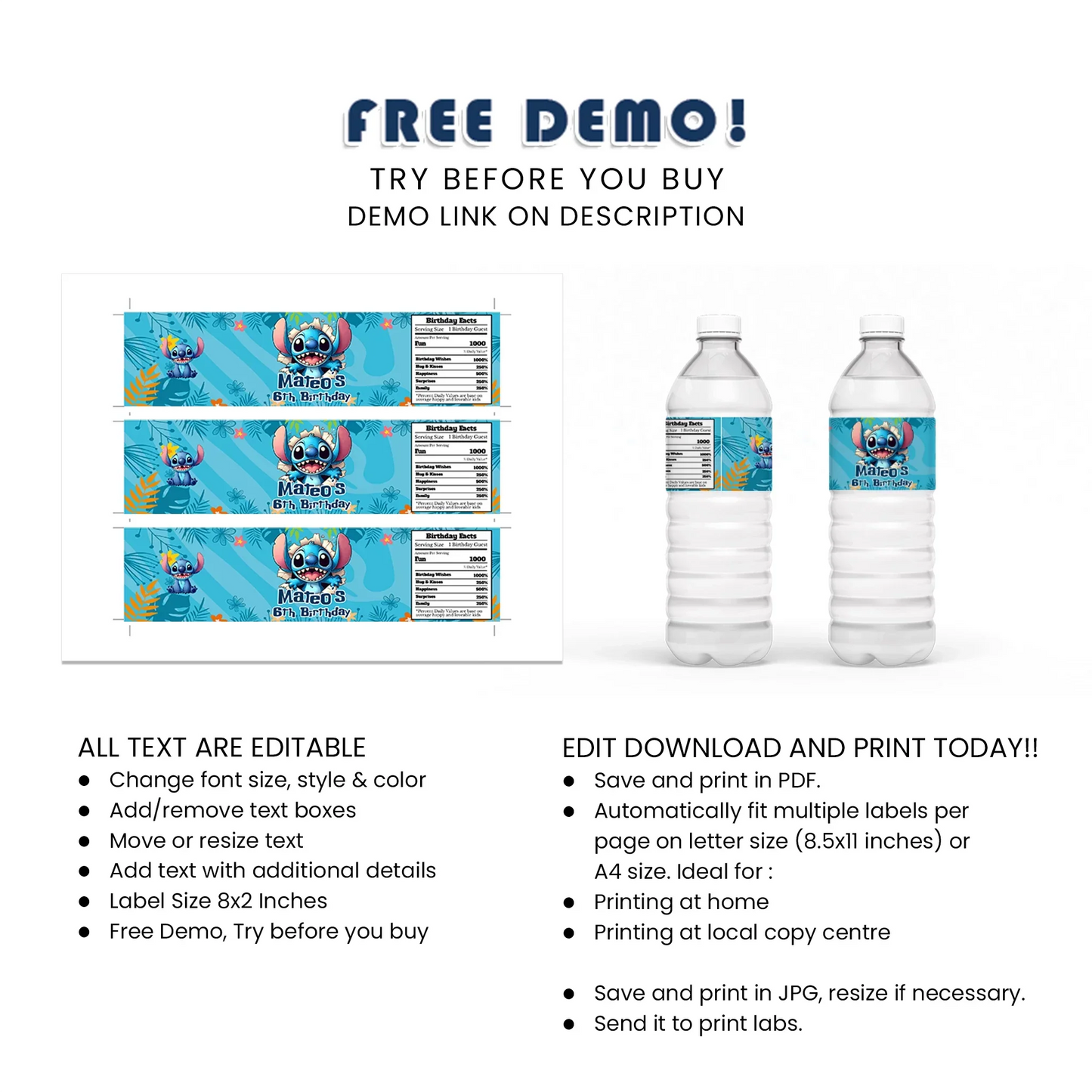 Stitch Personalized Water Bottle Label