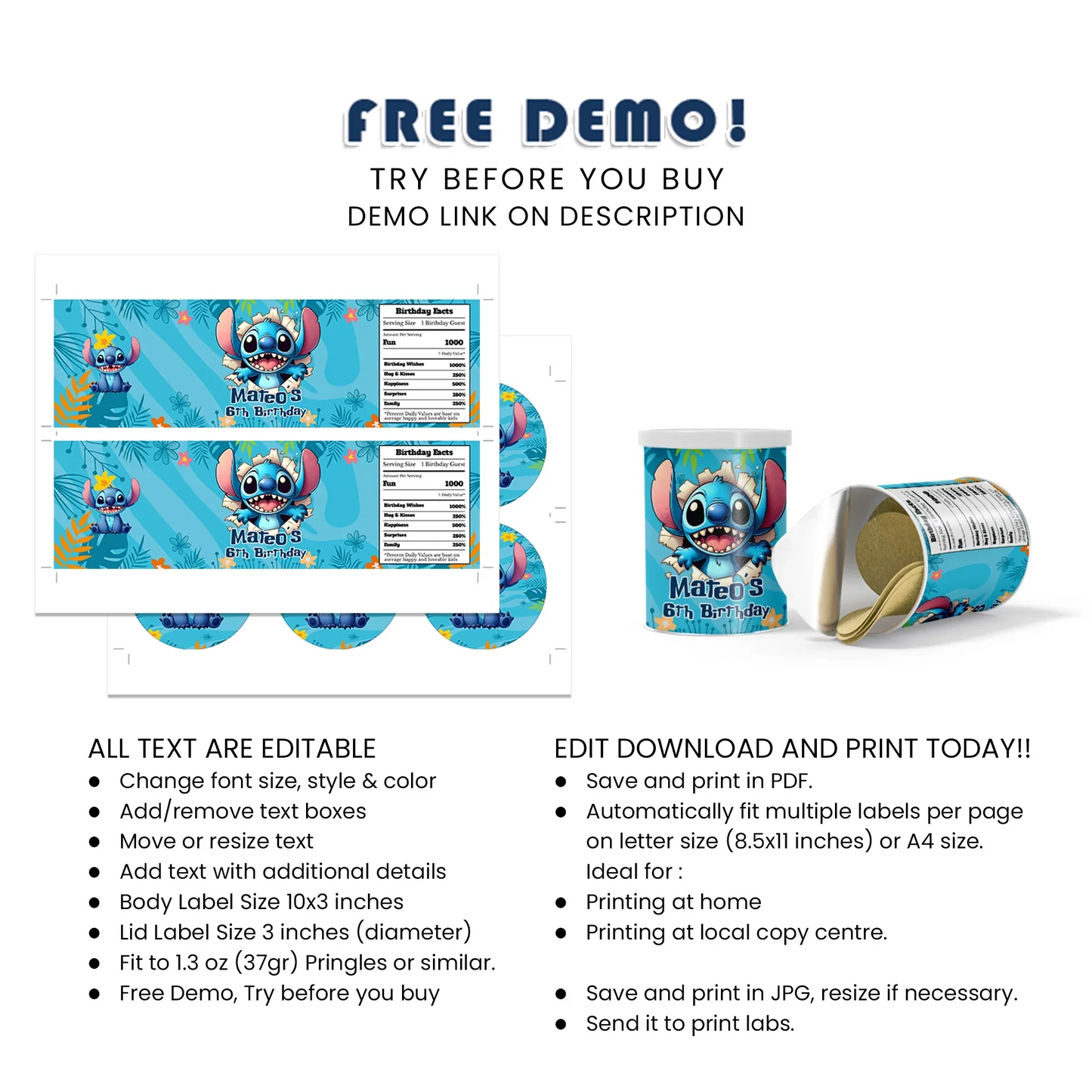 Stitch Personalized Small Pringles Label