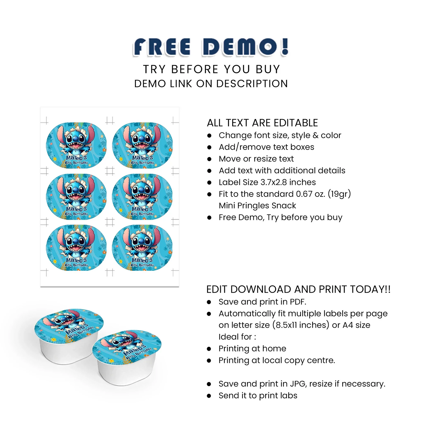 Stitch Personalized Mini Pringles Label