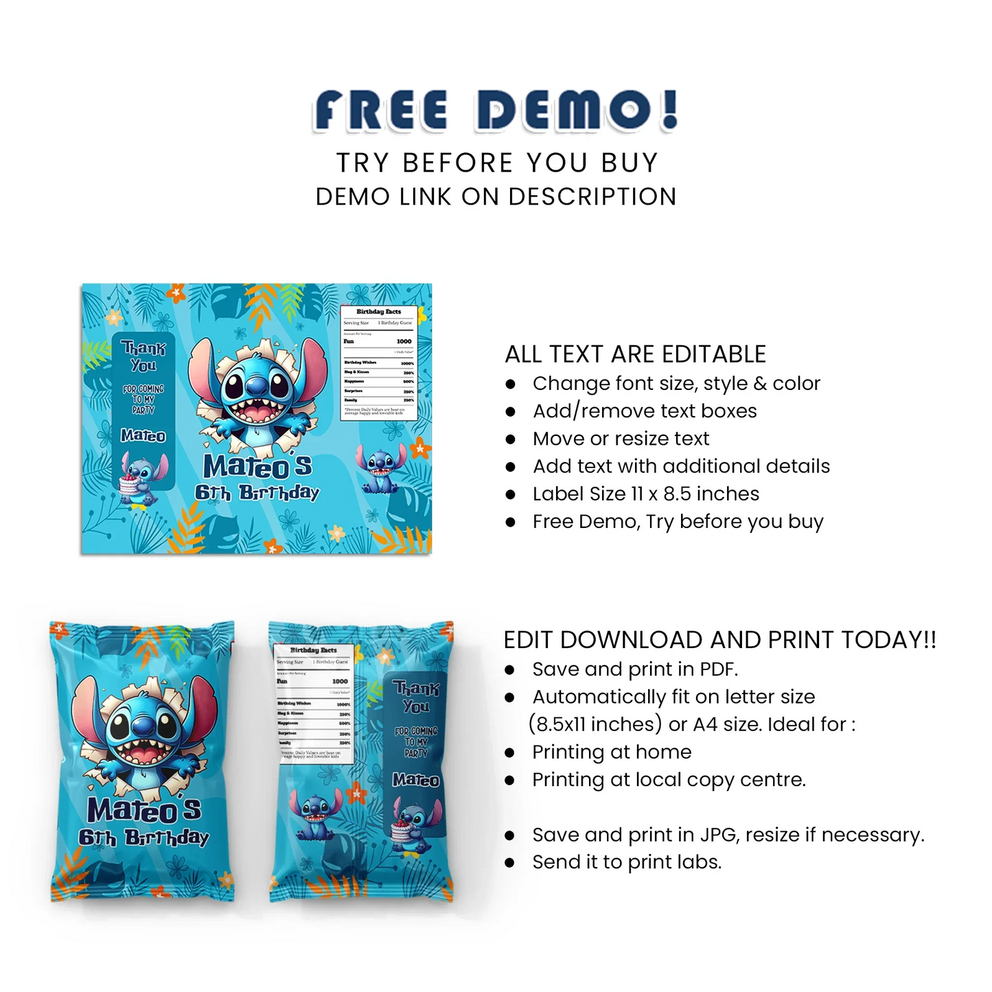 Stitch Personalized Chips Bag Label