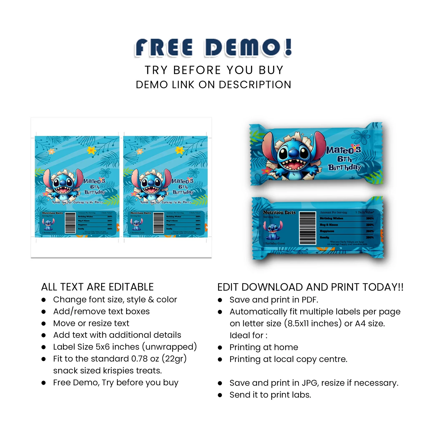 Stitch Personalized Rice Krispies & Candy Bar Label