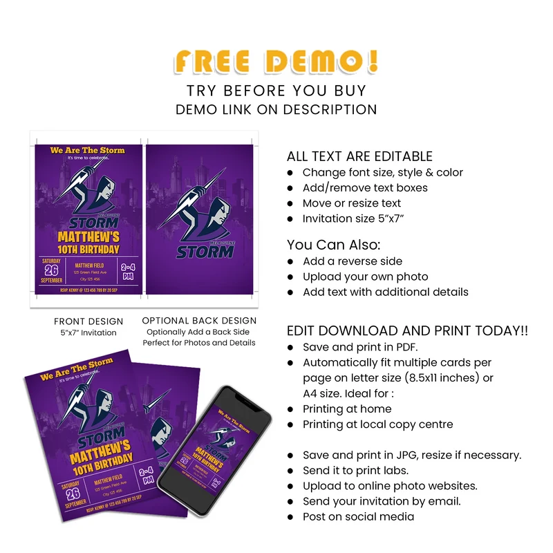 Melbourne Storm Personalized Birthday Card Invitations Printable Digital Download