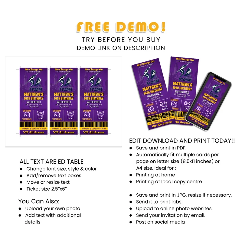 Melbourne Storm Personalized Birthday Ticket Invitations Digital Download