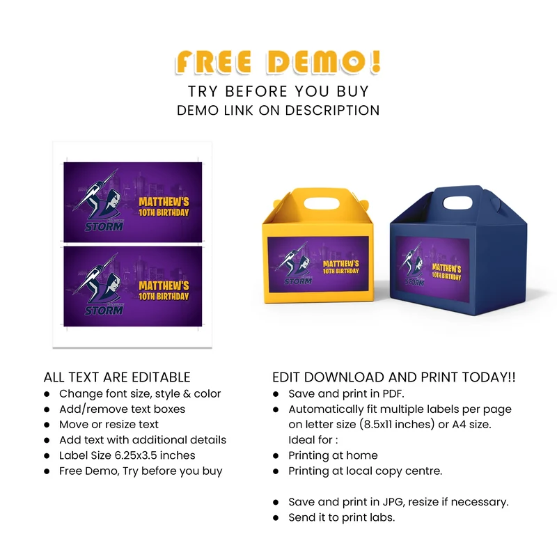 Melbourne Storm Treat Box Label Printable Digital Download