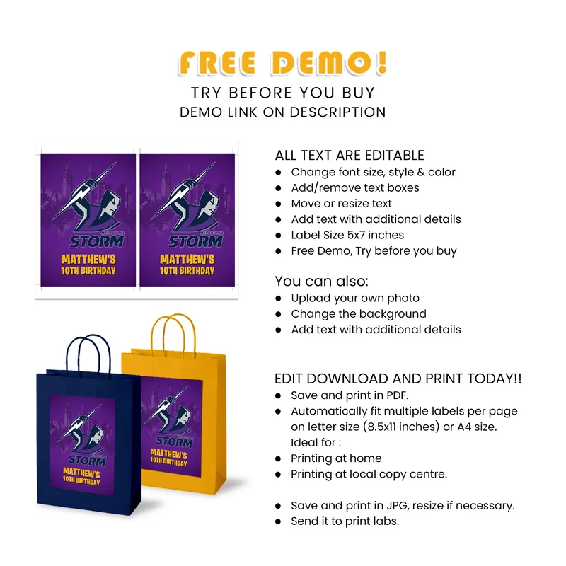 Melbourne Storm Goodie Bag Label Printable Digital Download