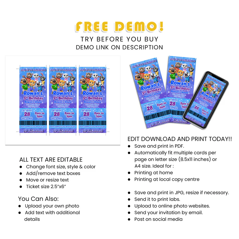 Best Talking Tom Personalized Birthday Ticket Invitations