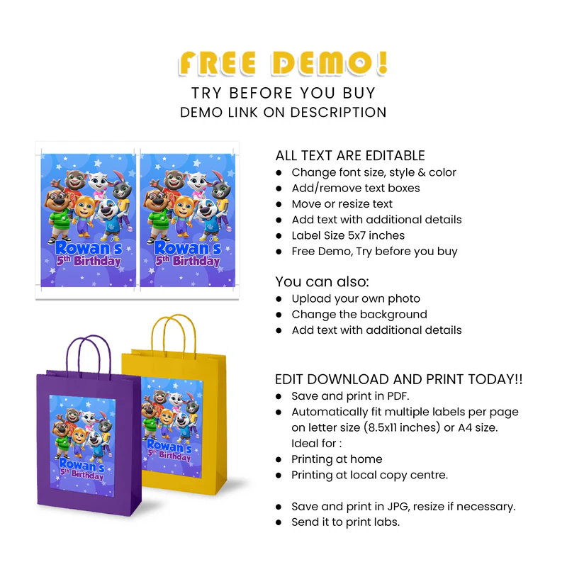 Buy Talking Tom Goodie Bag Label Custom Printable