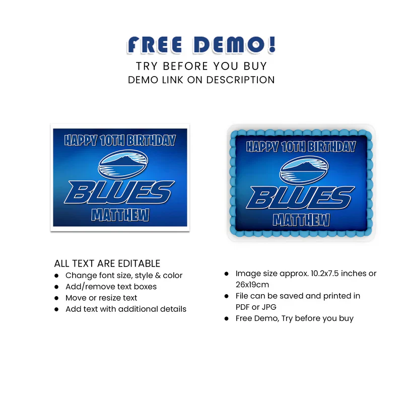The Blues Rugby Personalized Icing Sheet Cake Topper Images Digital Download