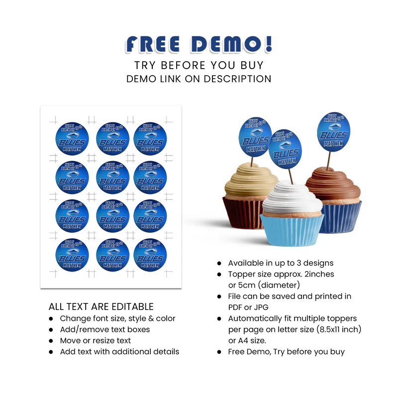 Buy The Blues Rugby Personalized Cupcakes Toppers Digital Download