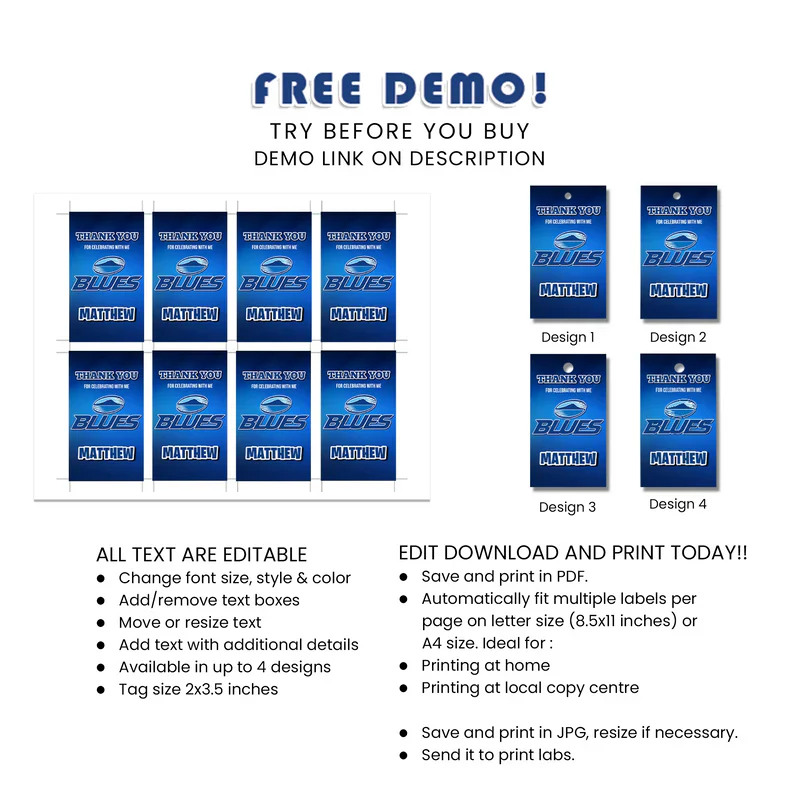 Best The Blues Rugby Favor Tags Digital Download Template