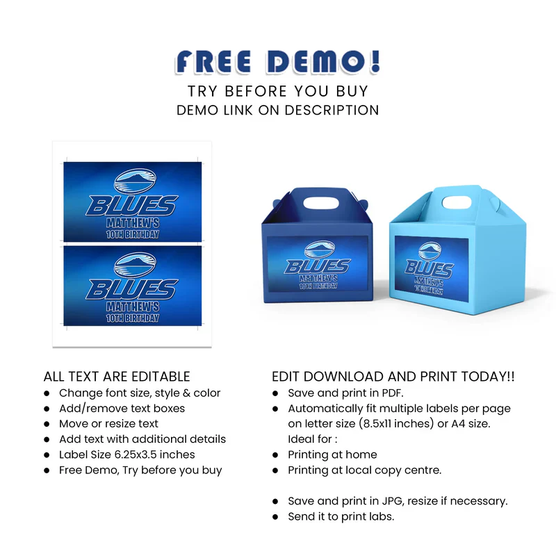 Custom The Blues Rugby Treat Box Label Digital Download