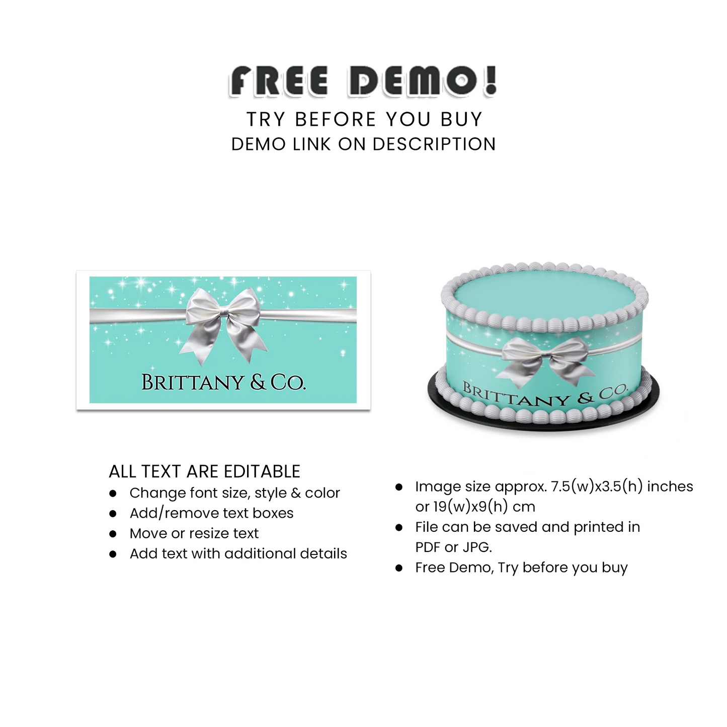 Tiffany & CO Inspired Personalized Cake Strips Image Custom Printable