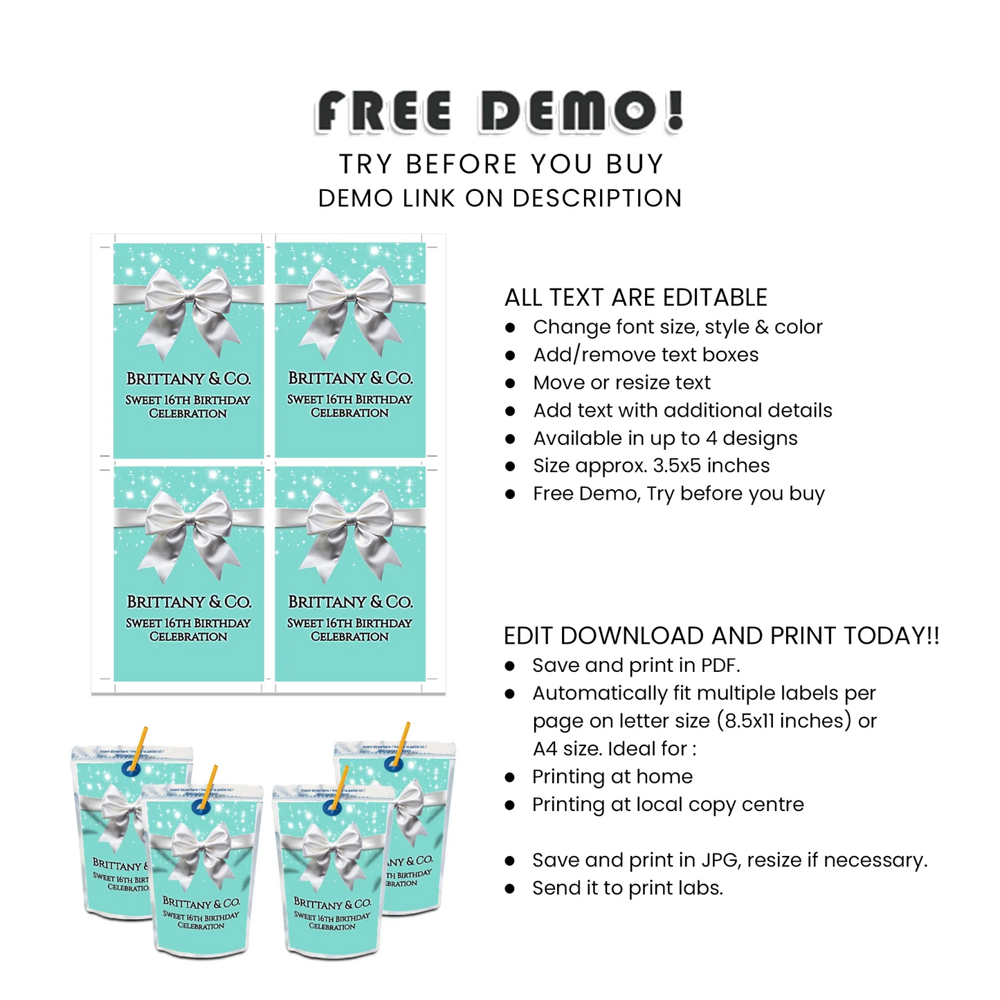 Tiffany & CO Inspired Personalized Juice Pouch Label Custom Digital