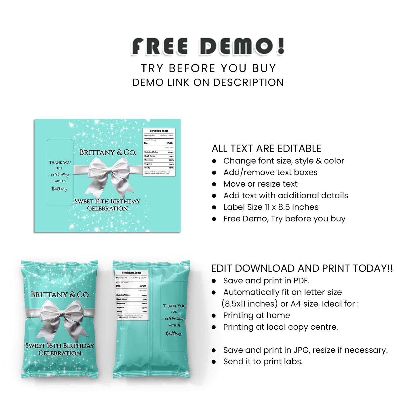 Tiffany & CO Inspired Personalized Chips Bag Label Custom Digital DIY