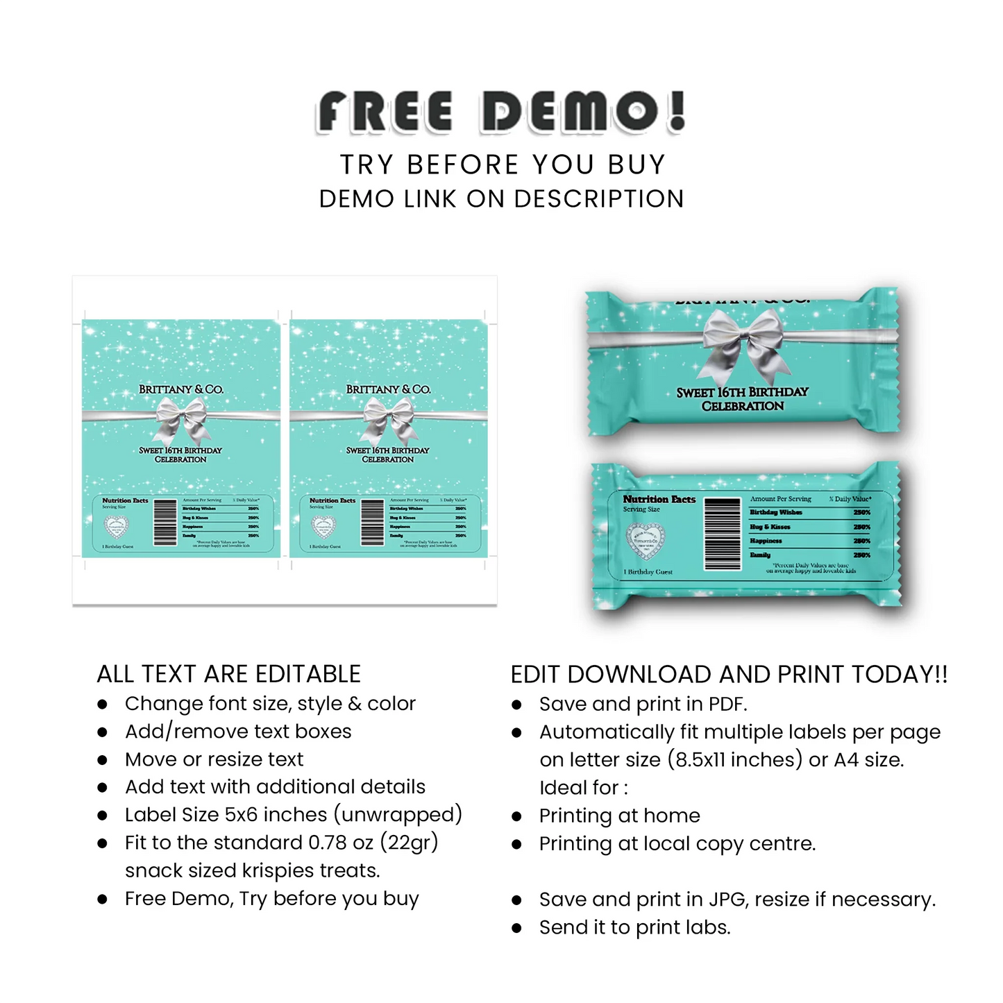 Tiffany & CO Inspired Rice Krispies & Candy Bar Label Custom DIY