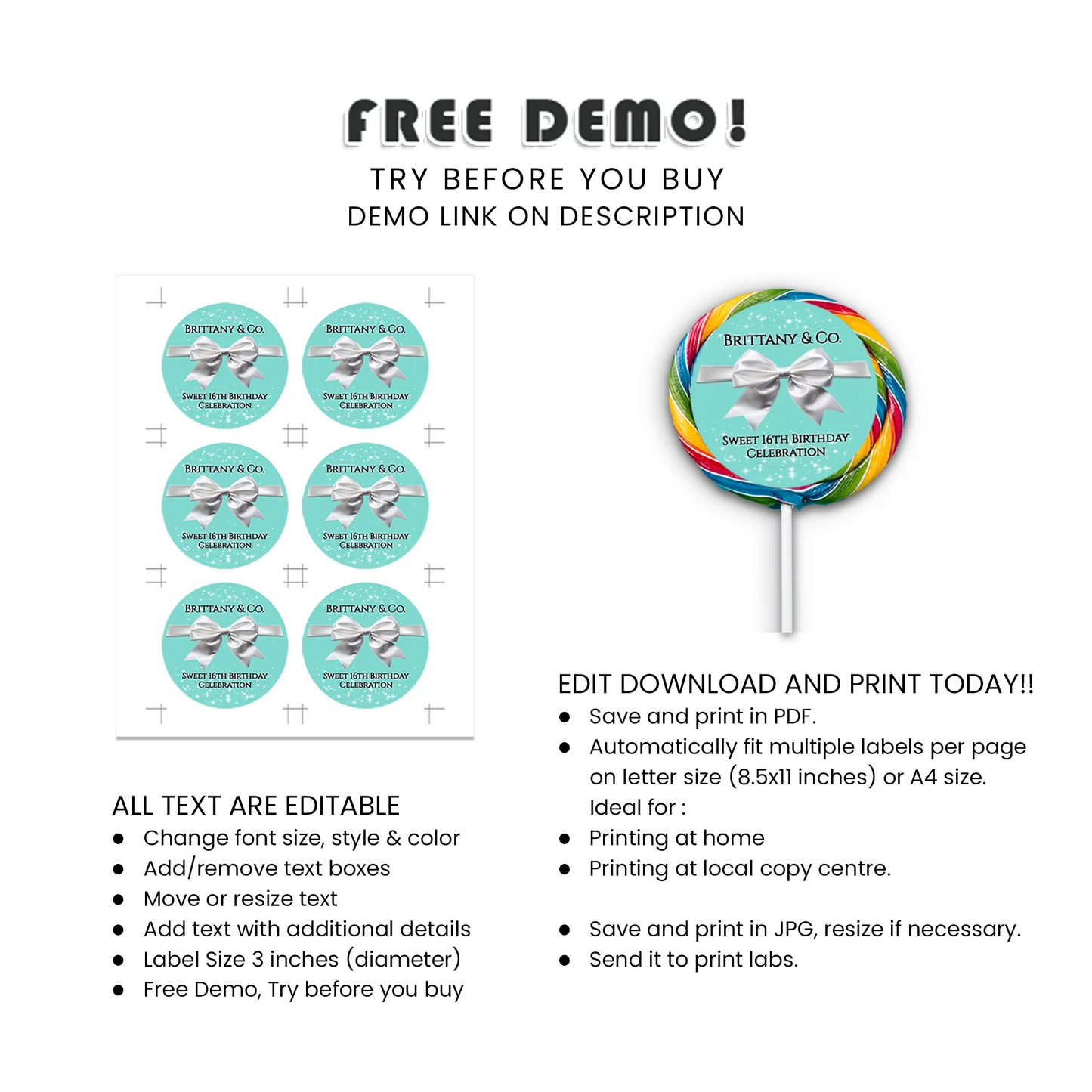 Tiffany & CO Inspired Personalized Lollipop Label Custom Party Decor
