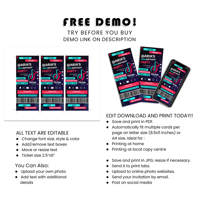 Tiktok Ticket Invitations Printable Event Ticket Editable Birthday Party Pass