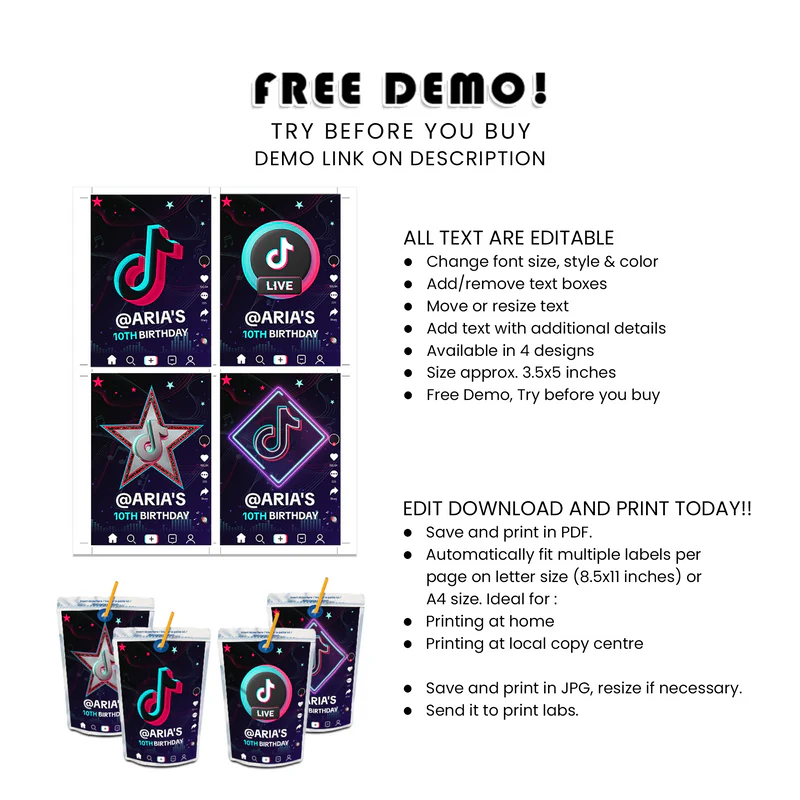 Tiktok Juice Pouch Label Editable Caprisun Label Printable Party Drink Tag