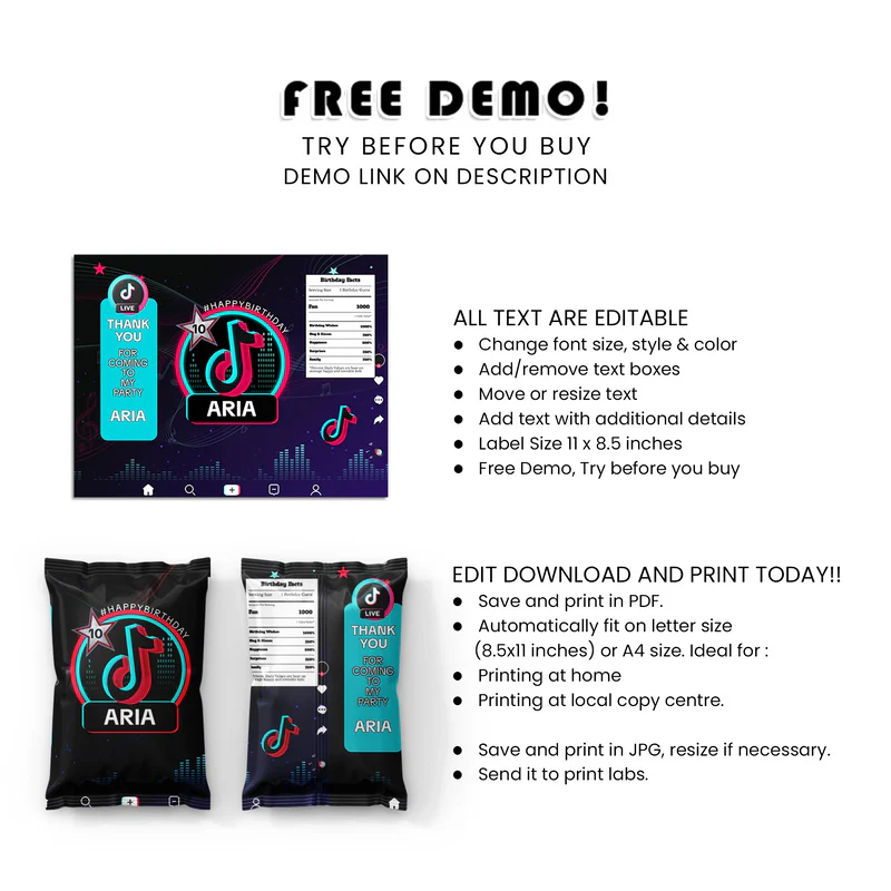 Tiktok Chips Bag Label Printable Snack Wrap Editable Chip Bag Template