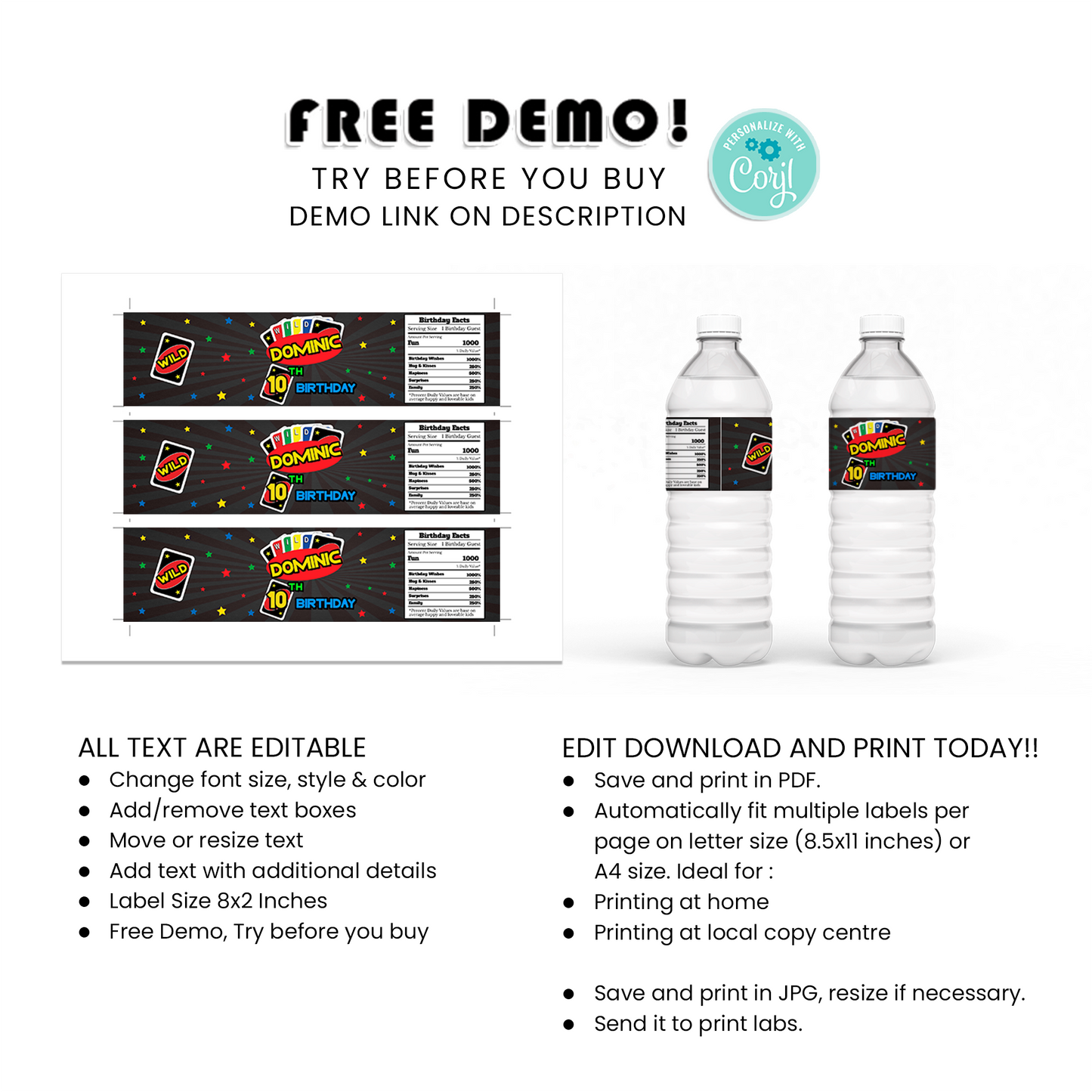 Custom Uno Water Bottle Labels for Refreshing Party Favors
