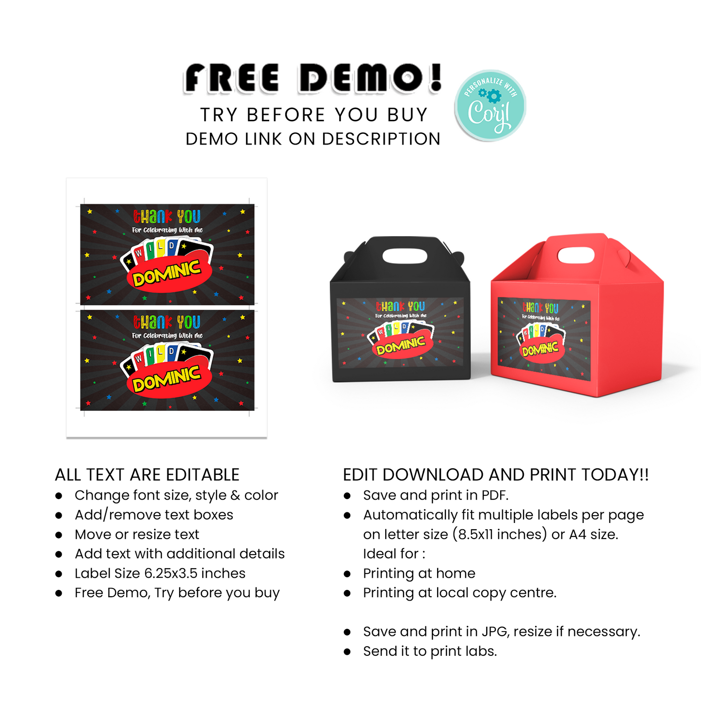 Themed Uno Treat Box Labels for Party Snack Boxes