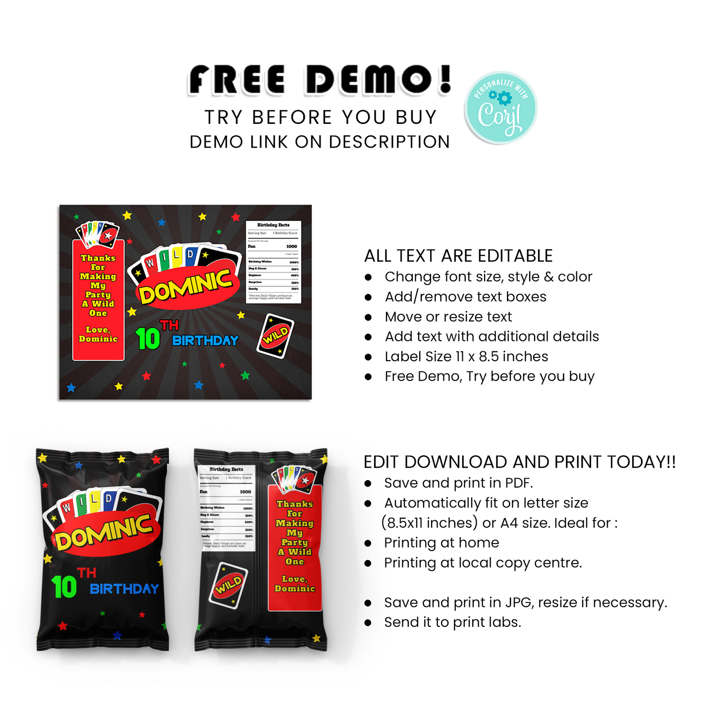 Themed Uno Chips Bag Labels for Crunchy Party Snacks