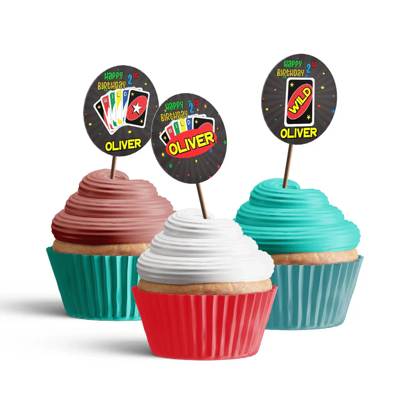 Uno cupcake toppers with red, yellow, and black accents, round printed designs displayed in flat lay format