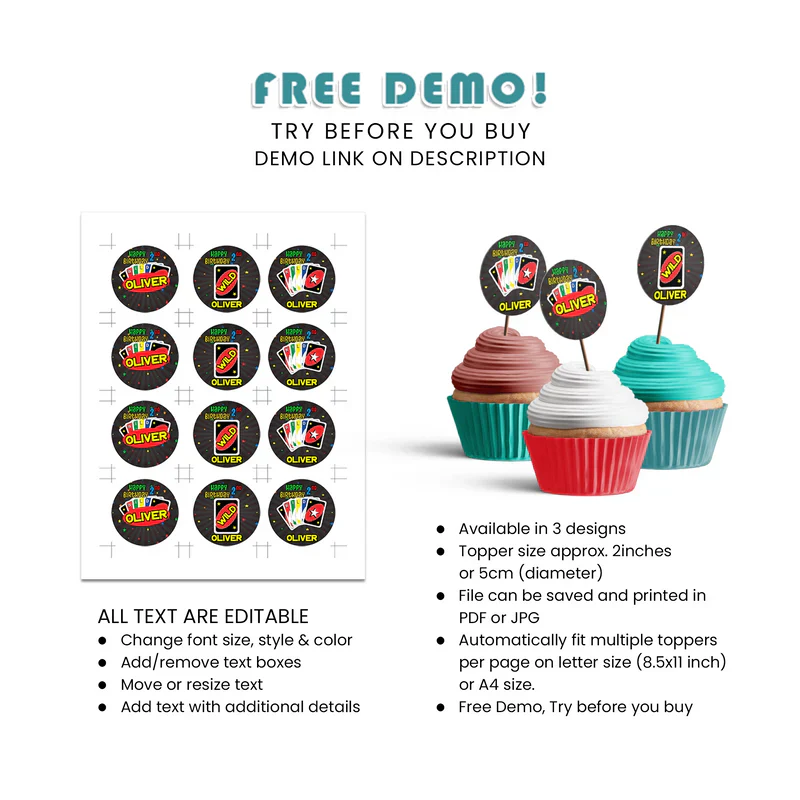 Uno Cupcake Toppers Custom Party Decorations Set