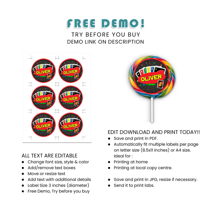 Uno Lollipop Labels Custom Round Party Stickers