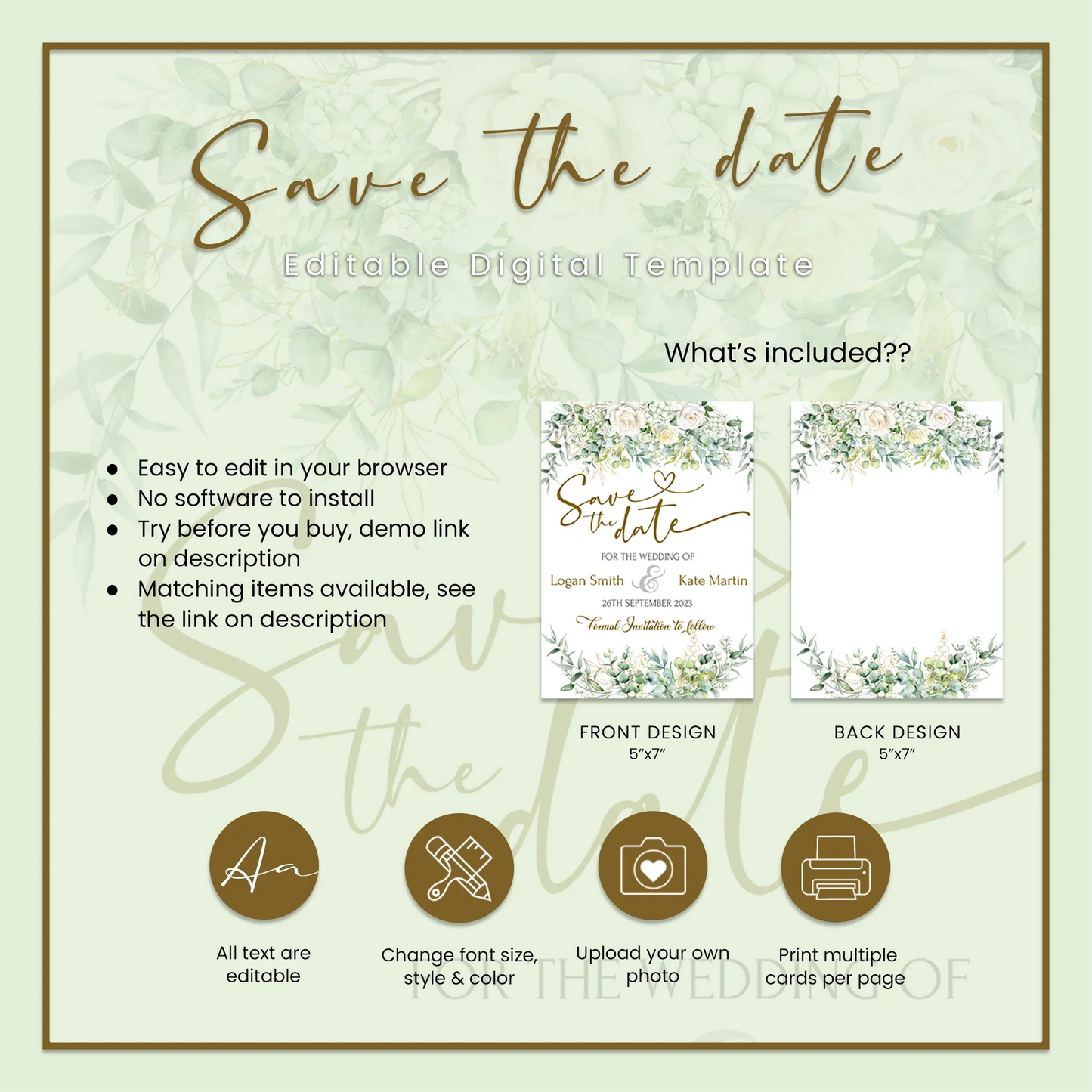 White Rose and Eucalyptus Leaves Personalized Save the Date Wedding Event