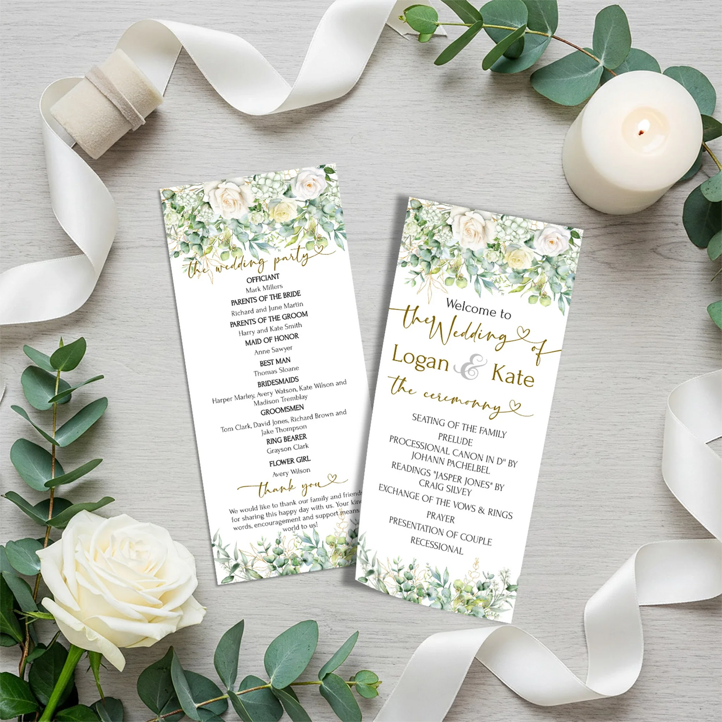 White Rose DIY Wedding, Floral Wedding Party Supplies, Eucalyptus Leaves Themed, DIY Wedding Digital Template, Editable White Rose and Eucalyptus Leaves Image SVG PNG