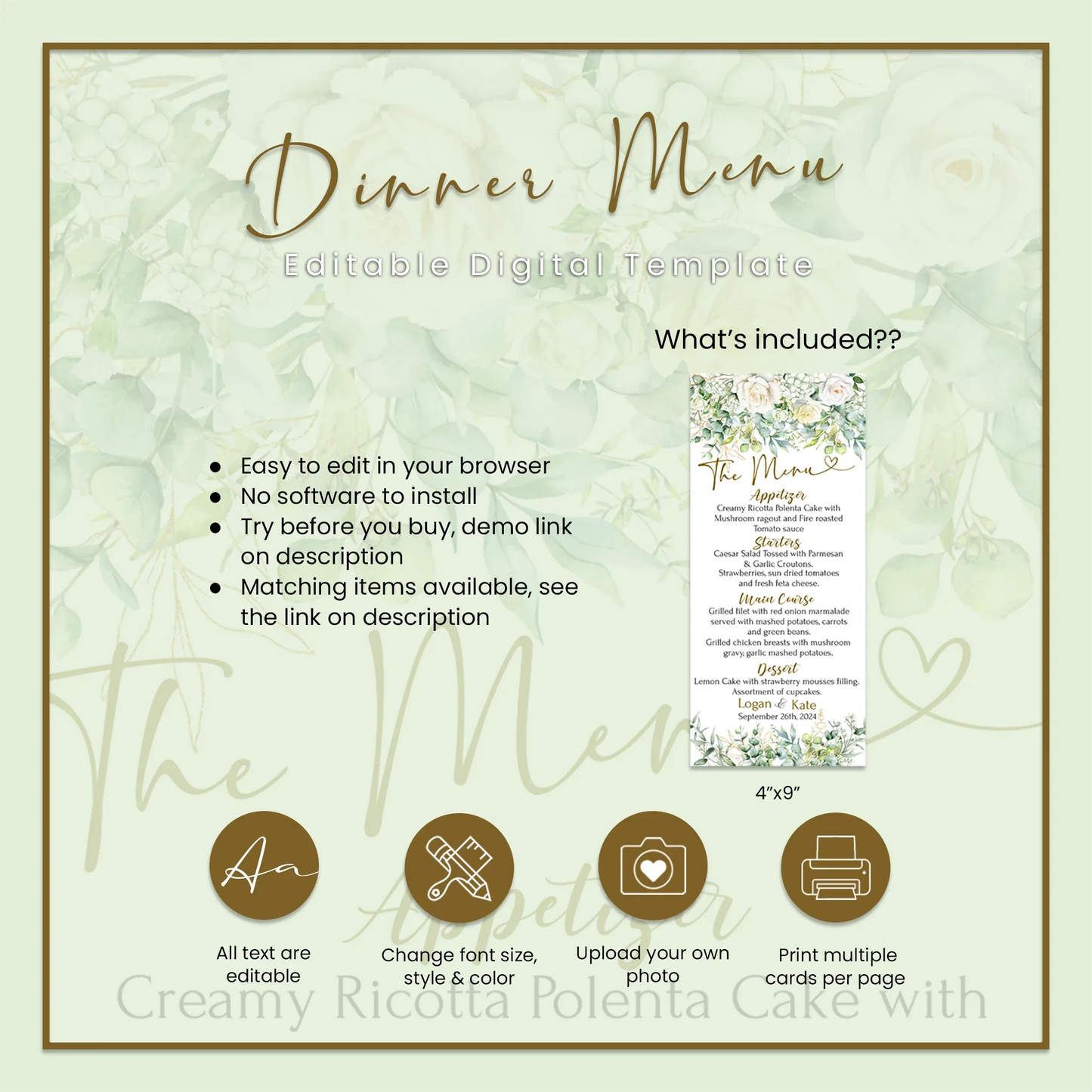 White Rose and Eucalyptus Leaves Personalized Wedding Menu Card