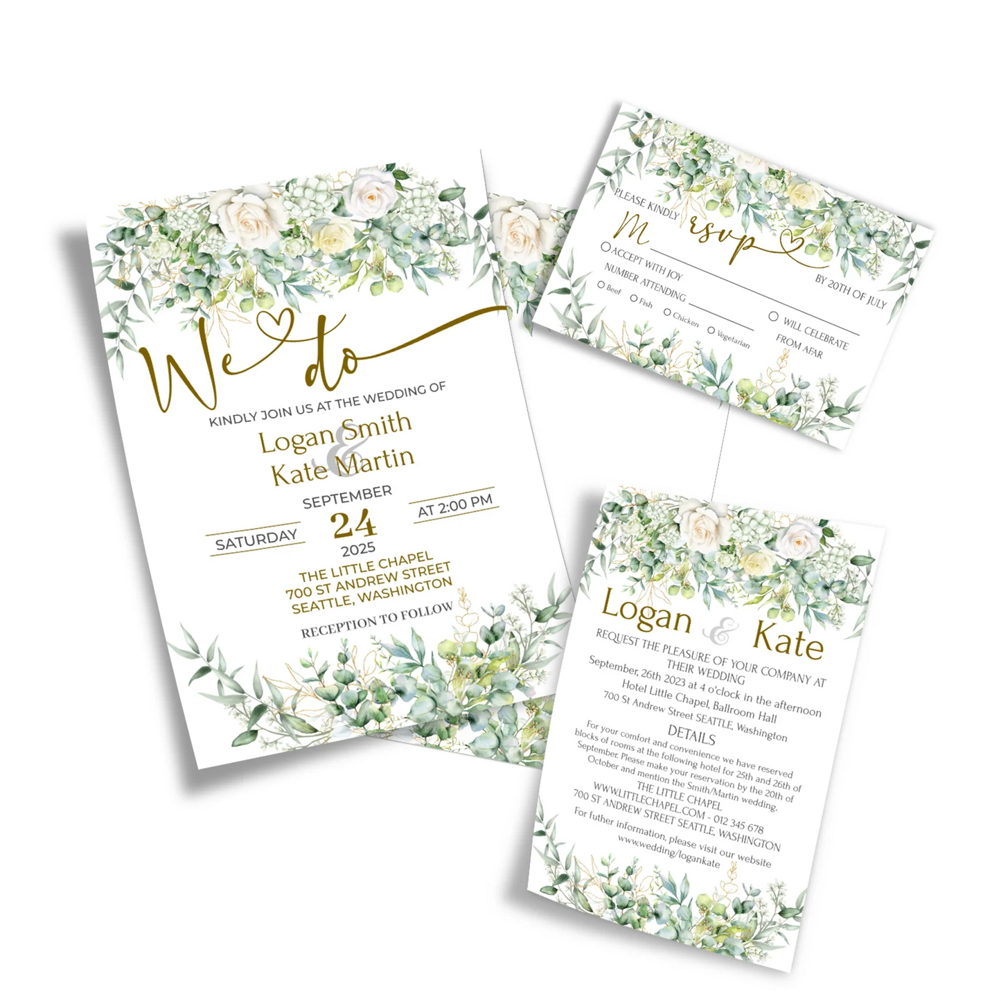 White Rose and Eucalyptus Leaves Printable Wedding Invite Set