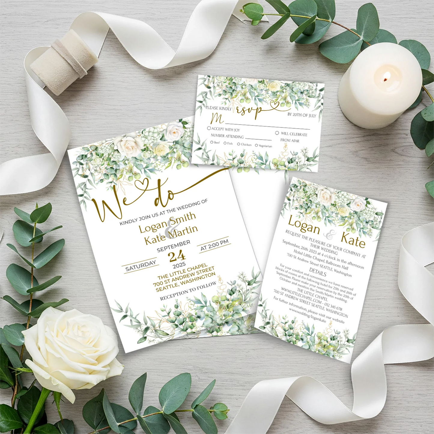 White Rose DIY Wedding, Floral Wedding Party Supplies, Eucalyptus Leaves Themed, DIY Wedding Digital Template, Editable White Rose and Eucalyptus Leaves Image SVG PNG