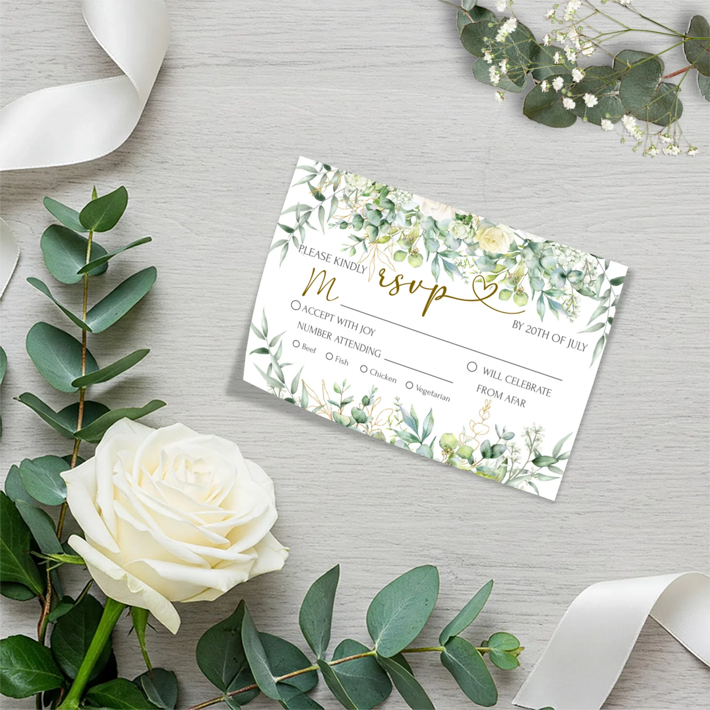 White Rose and Eucalyptus Leaves Personalized Wedding Invite Set