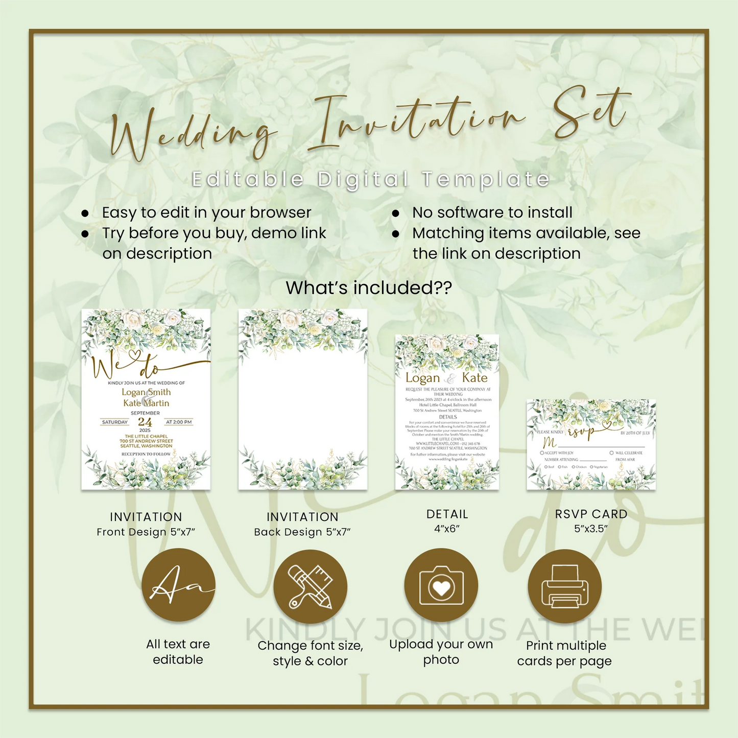 White Rose and Eucalyptus Leaves Personalized Wedding Invite Set