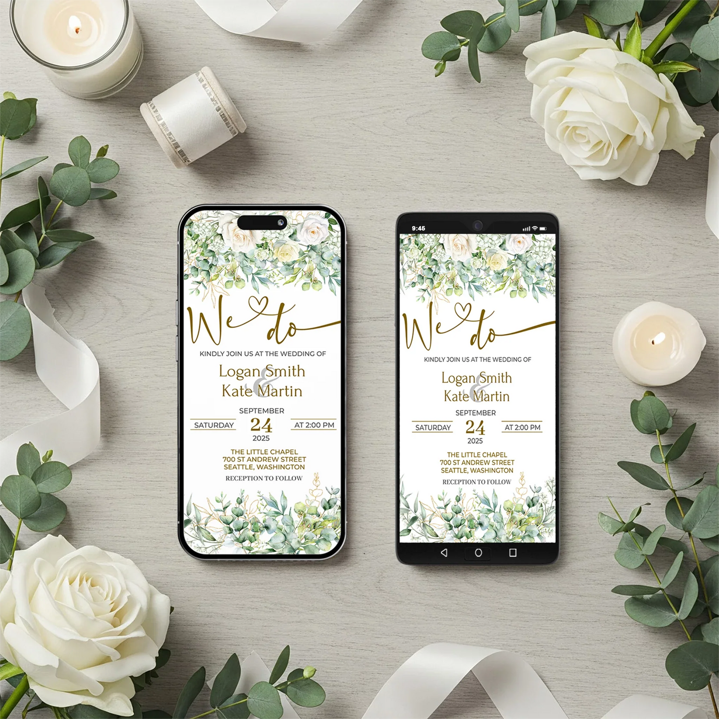 White Rose DIY Wedding, Floral Wedding Party Supplies, Eucalyptus Leaves Themed, DIY Wedding Digital Template, Editable White Rose and Eucalyptus Leaves Image SVG PNG