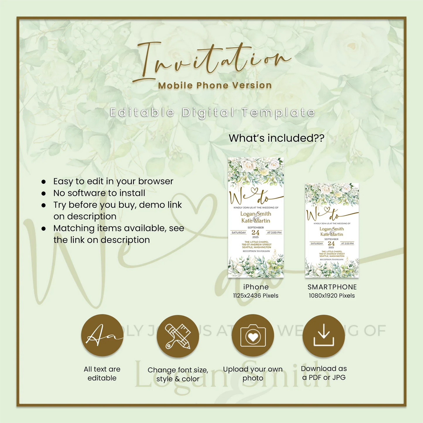 White Rose and Eucalyptus Leaves Personalized Wedding Invitation Mobile Version