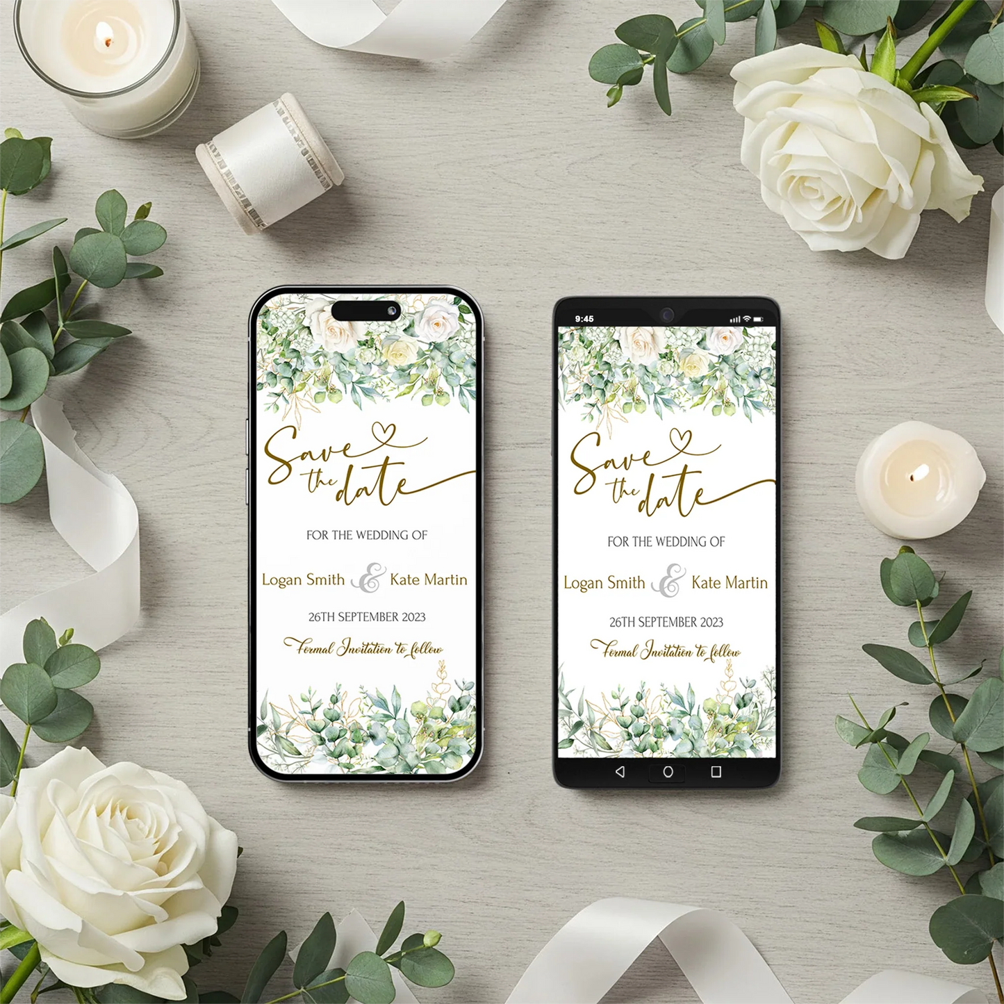 White Rose DIY Wedding, Floral Wedding Party Supplies, Eucalyptus Leaves Themed, DIY Wedding Digital Template, Editable White Rose and Eucalyptus Leaves Image SVG PNG
