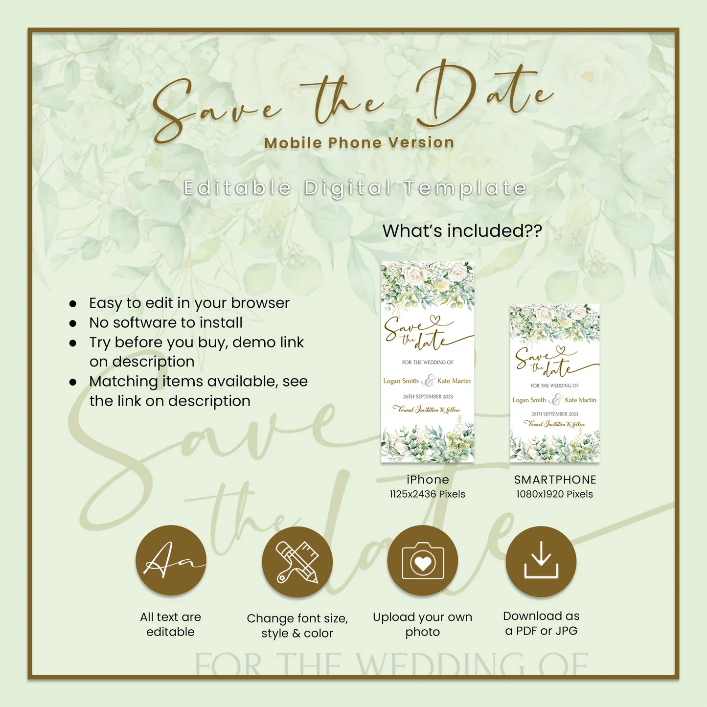 White Rose and Eucalyptus Leaves Personalized Wedding Event Date Mobile Version
