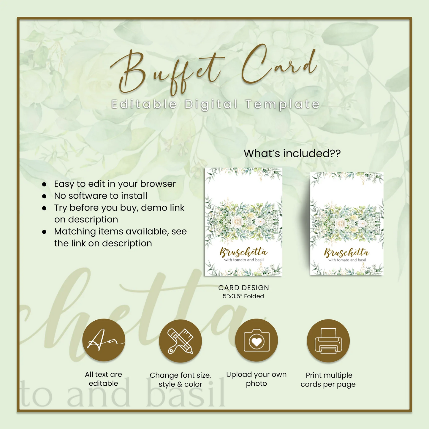 White Rose and Eucalyptus Leaves Personalized Buffet Card