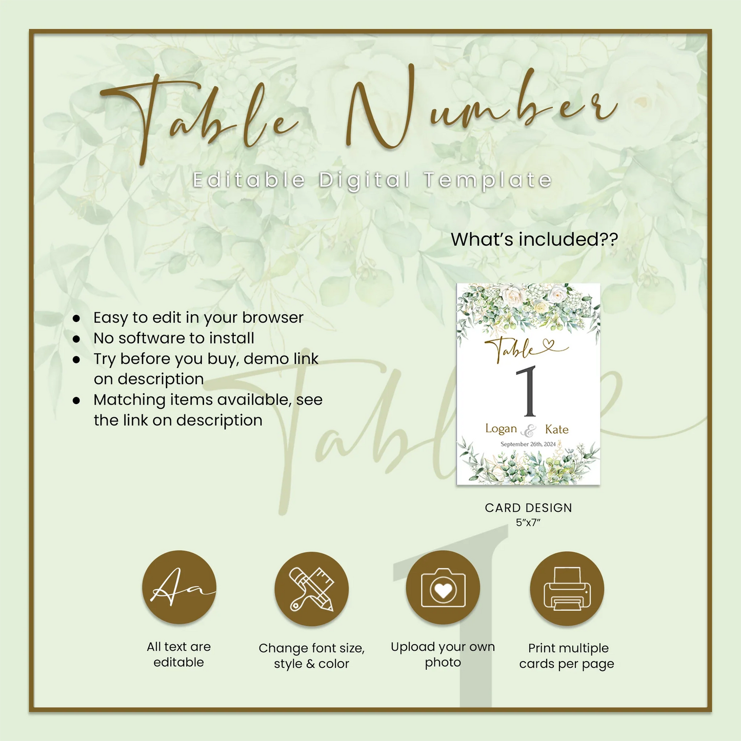 White Rose and Eucalyptus Leaves Table Number