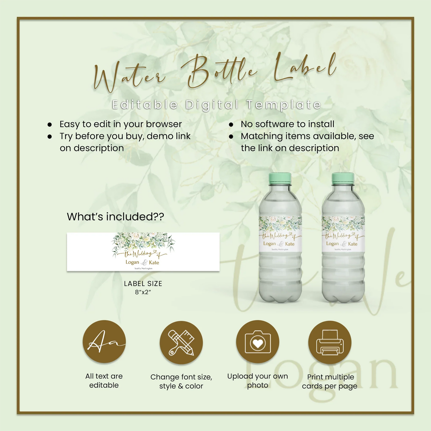 White Rose and Eucalyptus Leaves Water Bottle Label