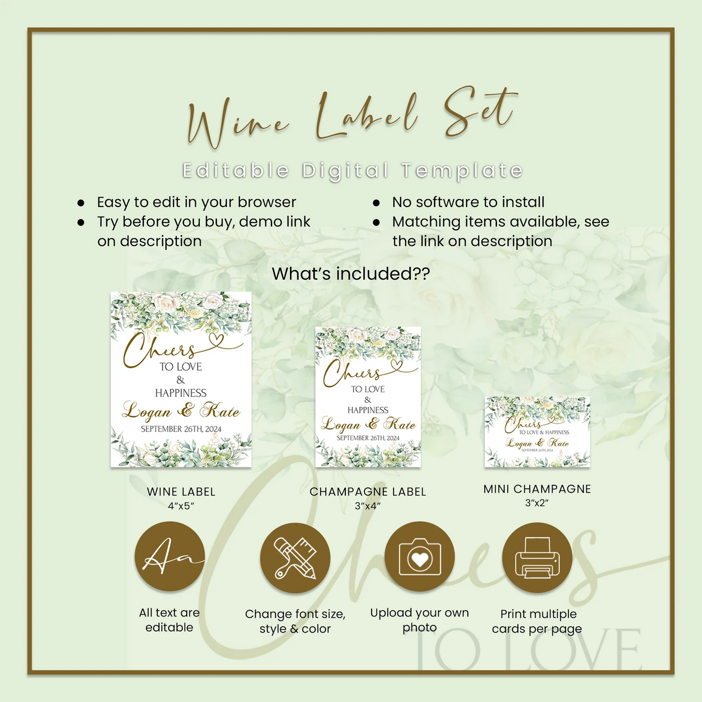 White Rose and Eucalyptus Leaves Wedding Wine Label