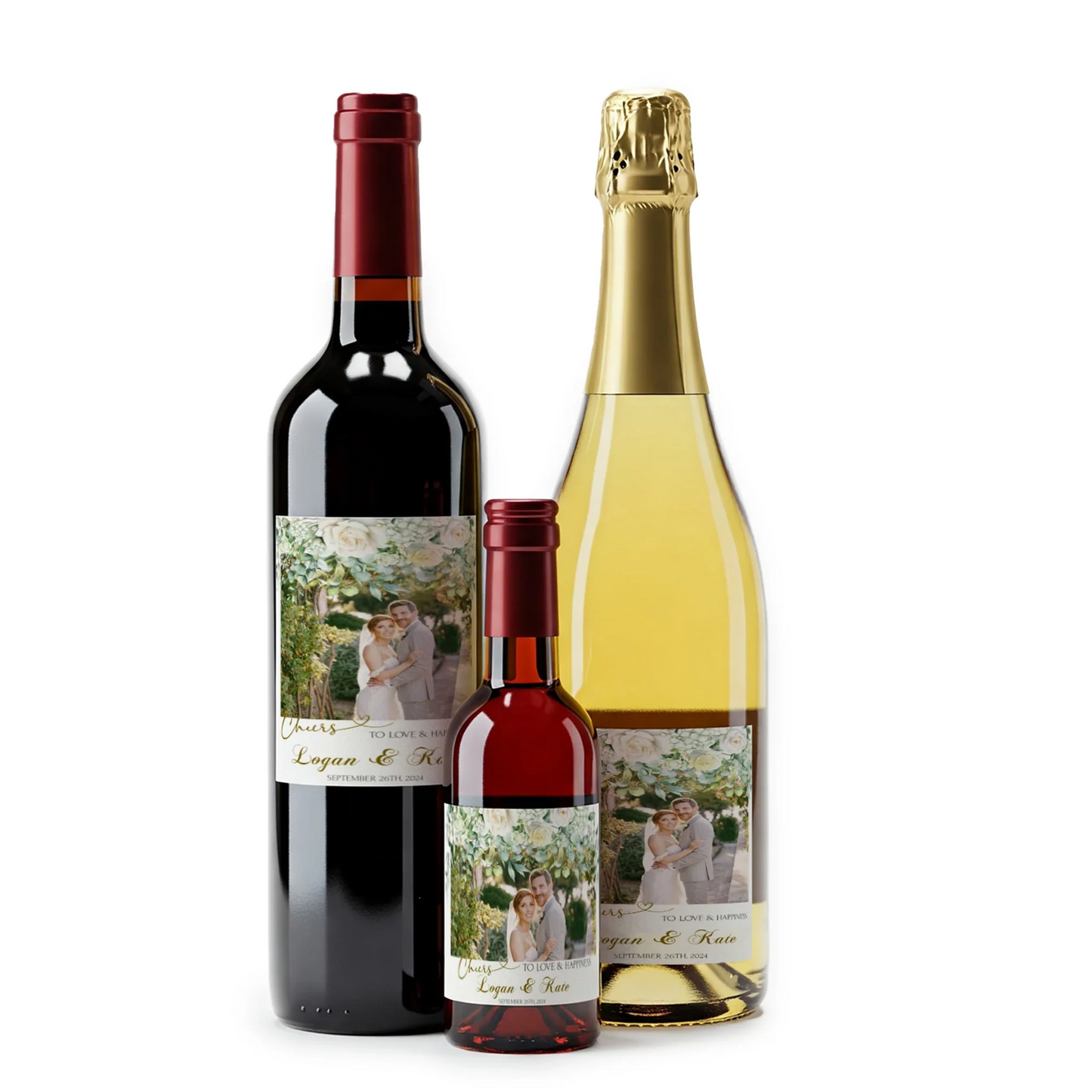 White Rose and Eucalyptus Leaves Wedding Wine Label with Photo Printable