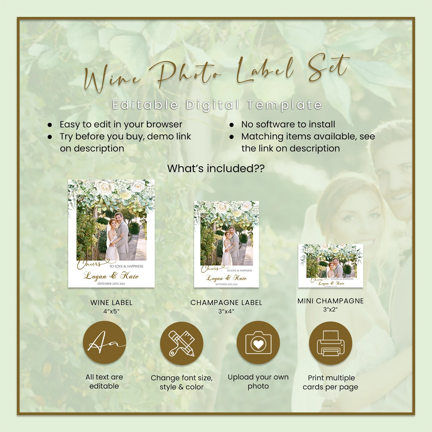 White Rose and Eucalyptus Leaves Wedding Wine Label with Photo