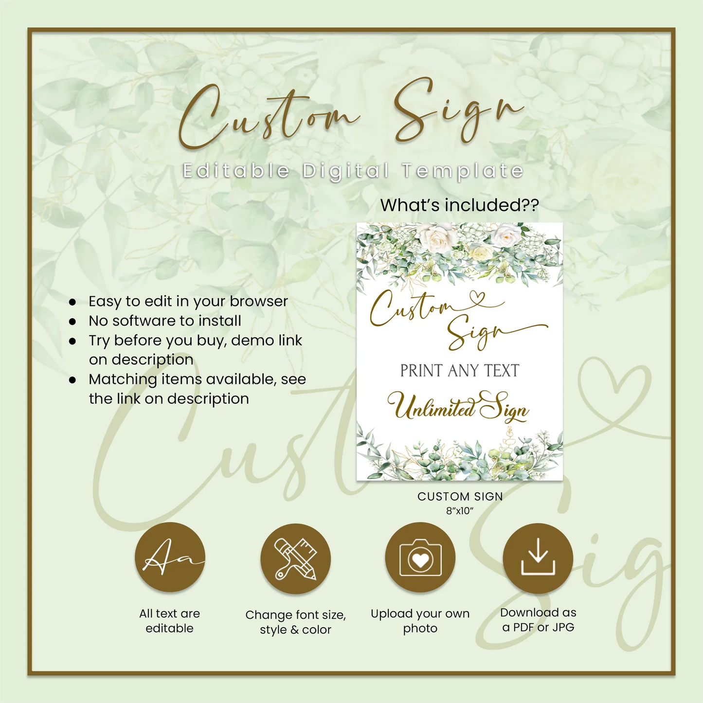 White Rose and Eucalyptus Leaves Wedding Event Sign