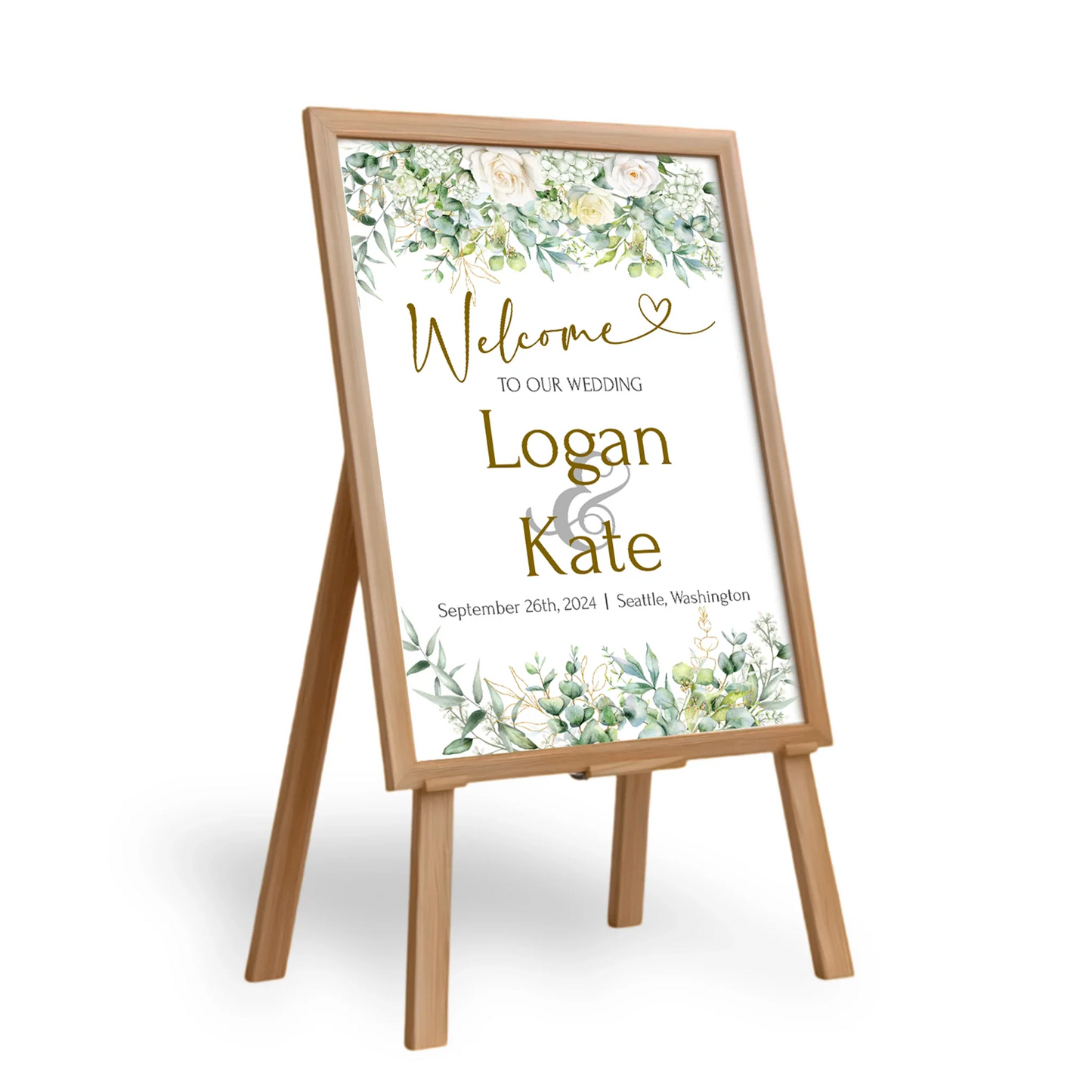 White Rose and Eucalyptus Leaves DIY Wedding Welcome Sign